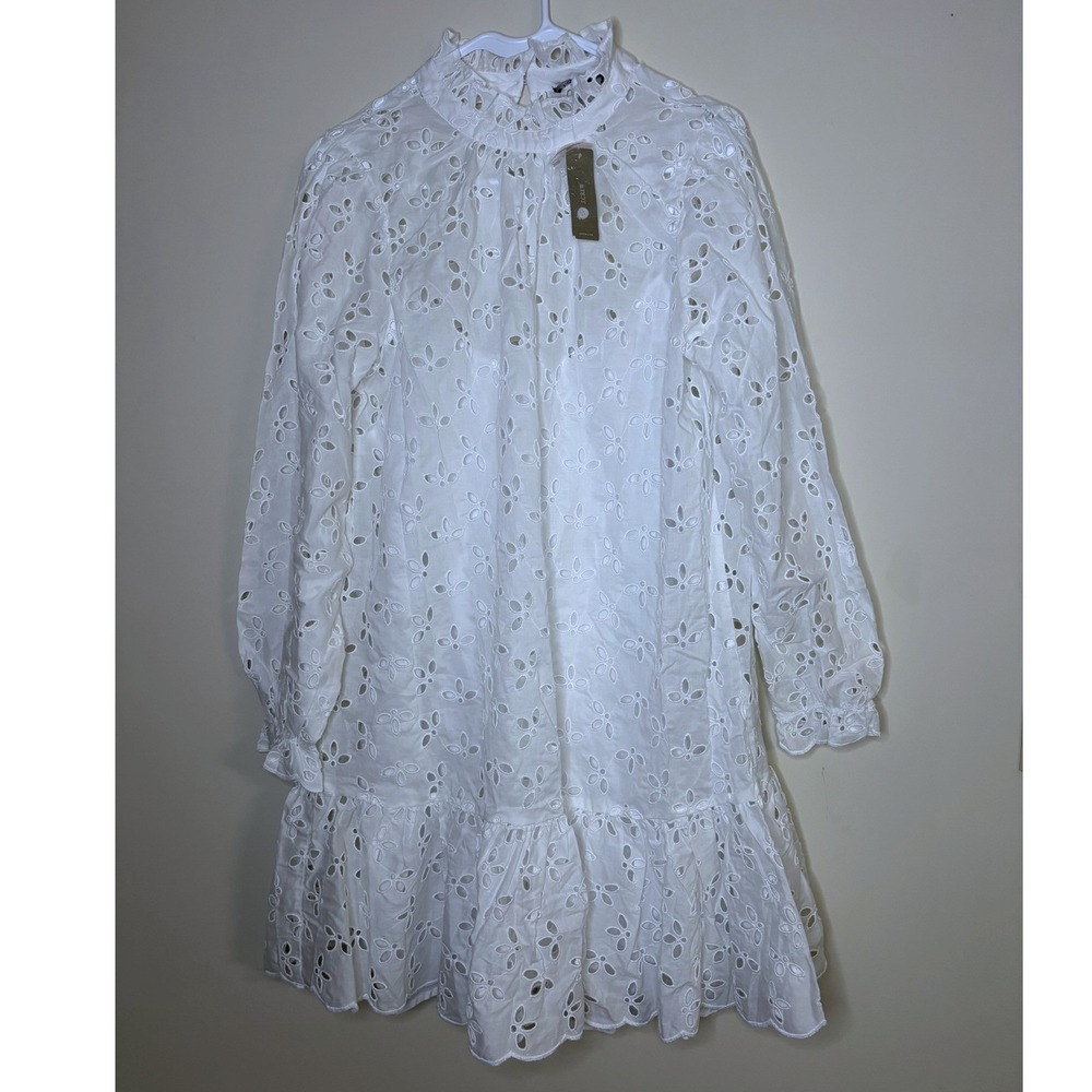 J.Crew White Eyelet Ruffle Neck Mini Dress Long Sleeve Tiered Flounce Cotton New